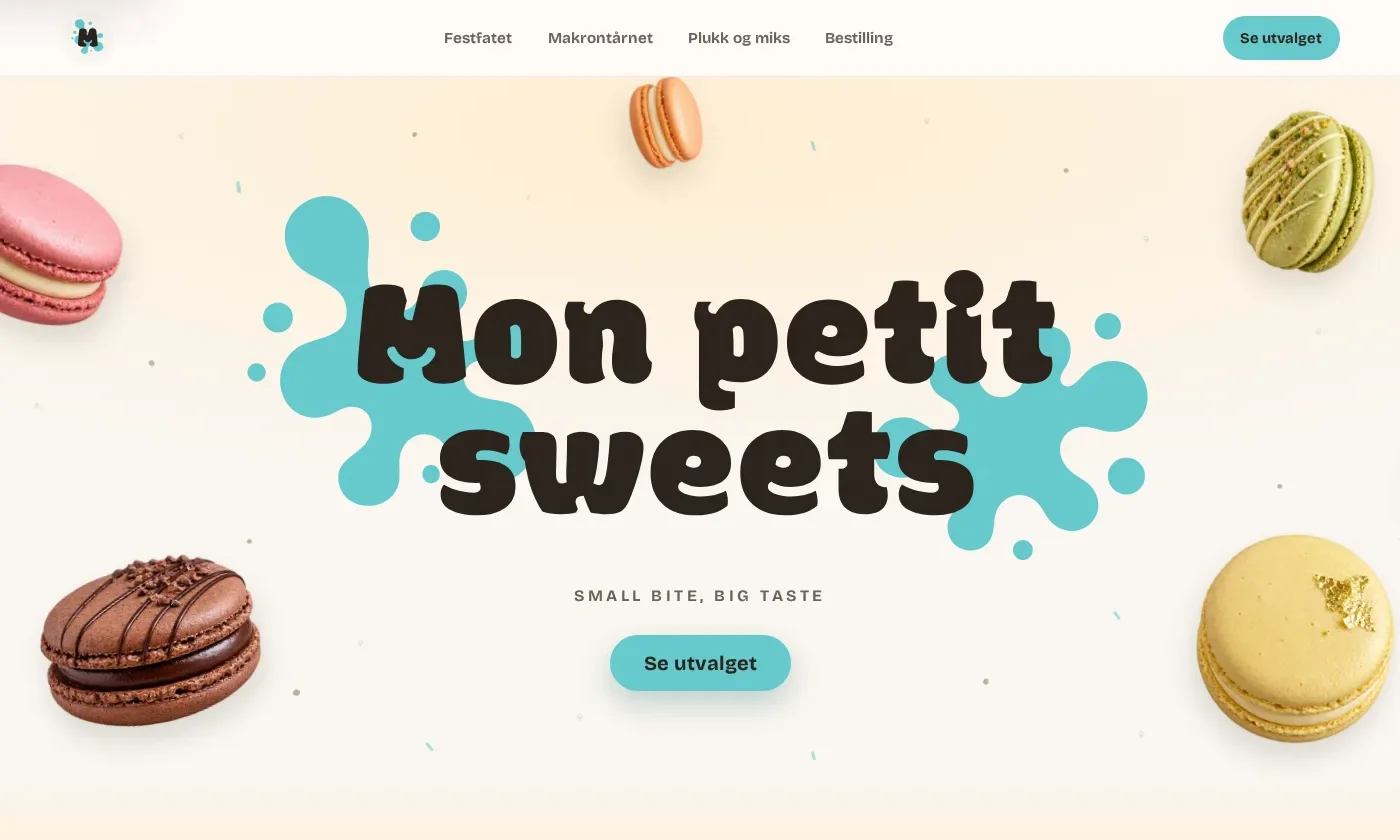 Mon Petit Sweets-nettside med makroner, meny og bestillingsinnhold